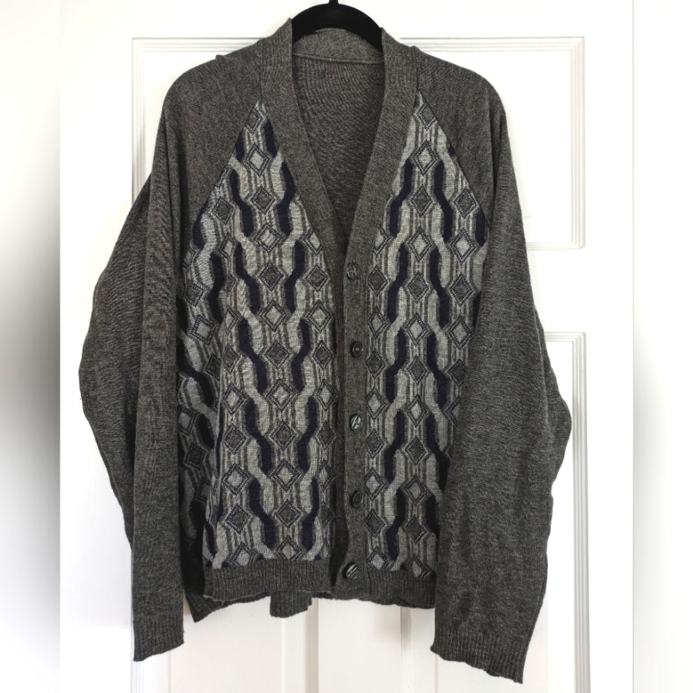 Vintage Navy Grey Grandpa Cardigan Sweater Mens Size M/L